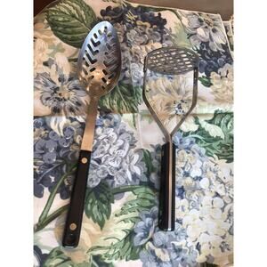 Two Vintage Flint Ecko USA Utensils: Potato Masher+ Strainer Black & Stainless
